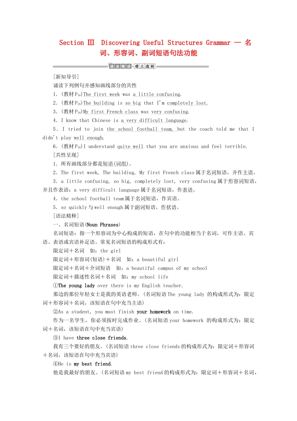 高中英语 Unit 1 Teenage life Section Ⅲ Discovering Useful Structures Grammar —名词、形容词、副词短语句法功能讲义 新人教版必修第一册-新人教版高一第一册英语教案_第1页