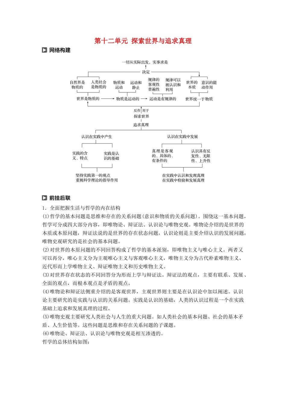 （鲁京津琼专用）高考政治大一轮复习 第十二单元 探索世界与追求真理 单元综合提升 核心知识整合讲义-人教版高三全册政治教案_第1页