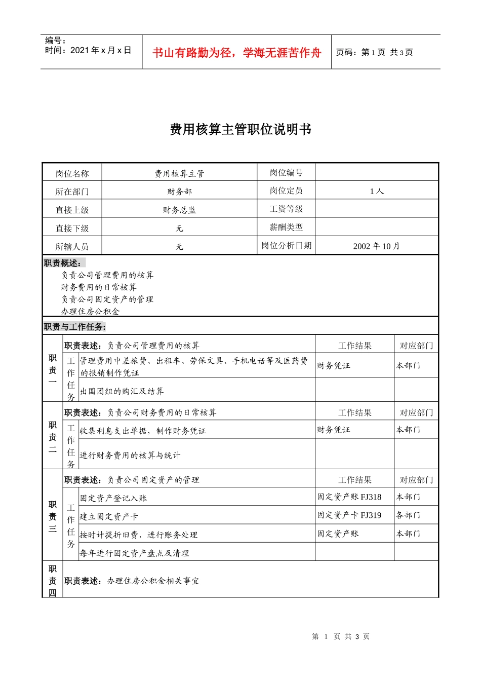 XX煤焦化工公司集团公司财务部费用核算主管职责_第1页