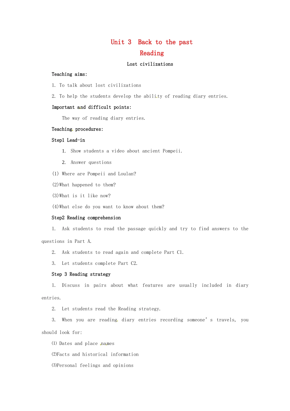 高中英语 Unit 3 Back to the past Reading教案 牛津译林版必修3-牛津版高一必修3英语教案_第1页