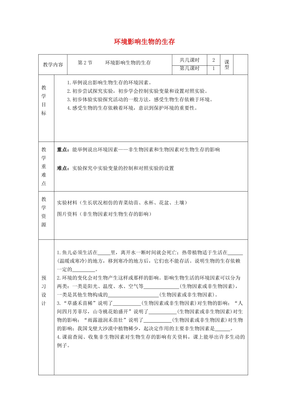 七年级生物上册 2.2.2 环境影响生物的生存教案 （新版）苏科版-（新版）苏科版初中七年级上册生物教案_第1页