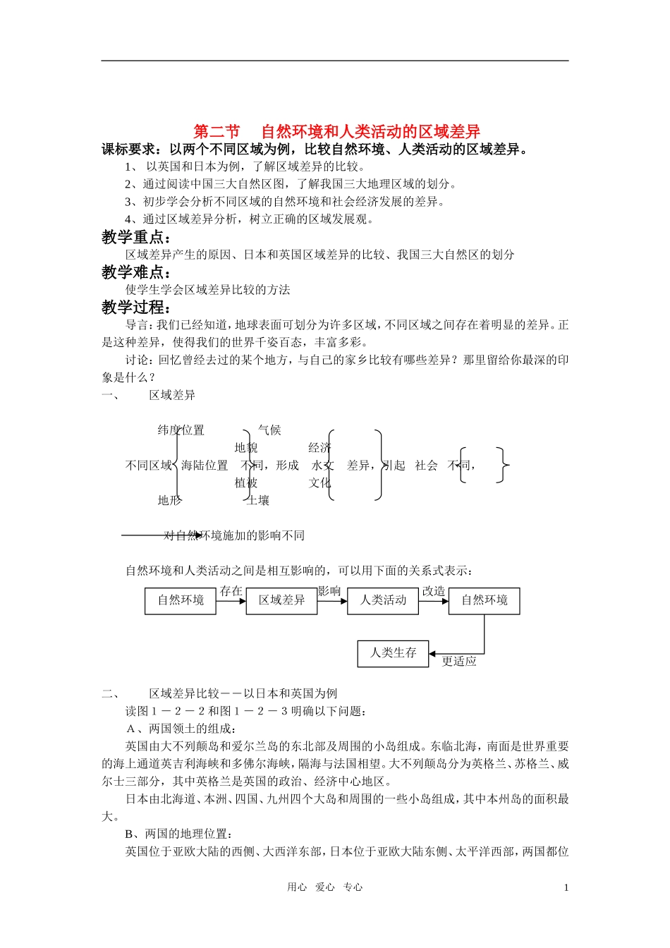 高中地理 自然环境和人类会动的区域差异教案 鲁教版必修3_第1页