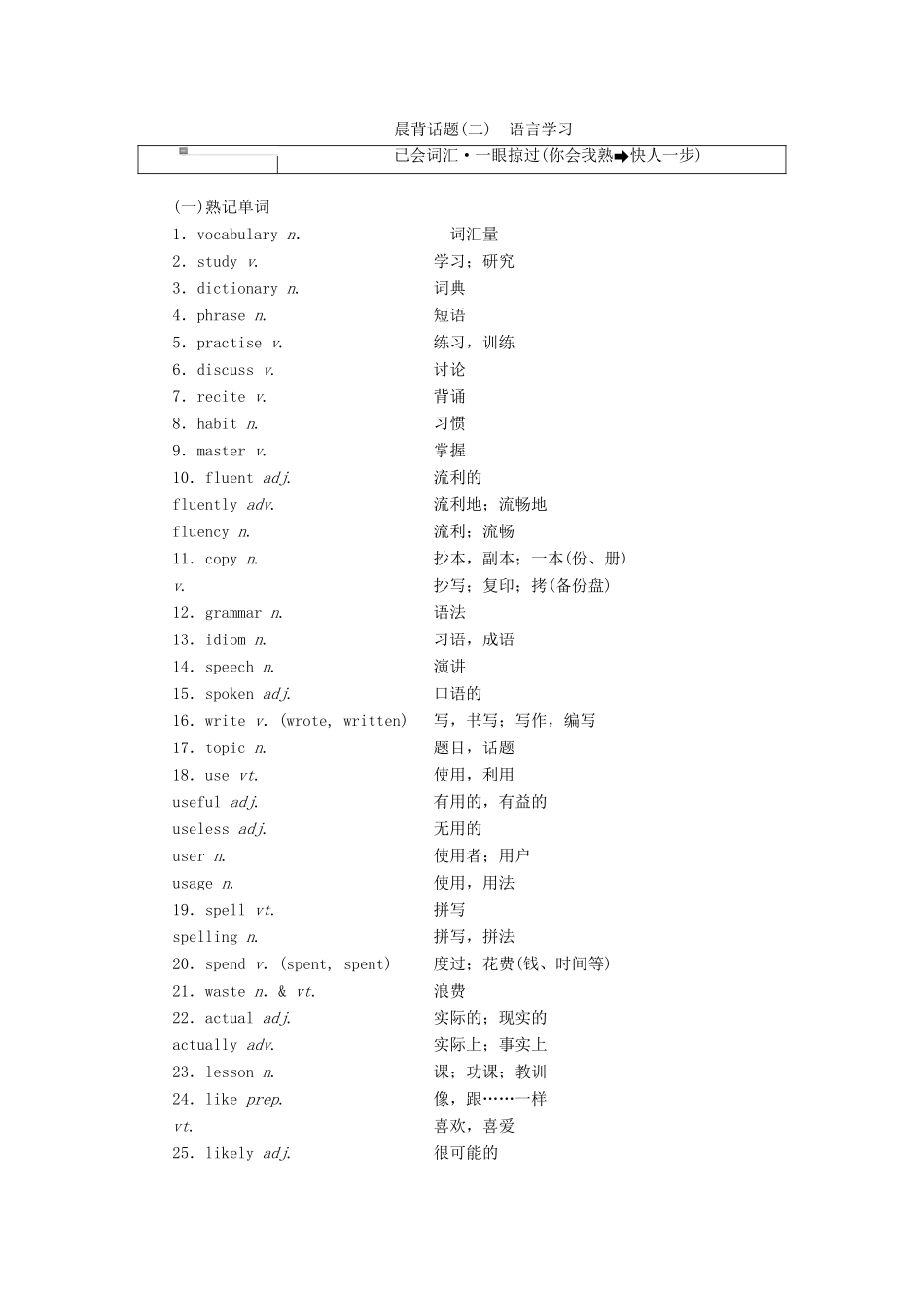 高考英语一轮复习 精选晨背热点话题（二）语言学习讲义-人教版高三全册英语教案_第1页