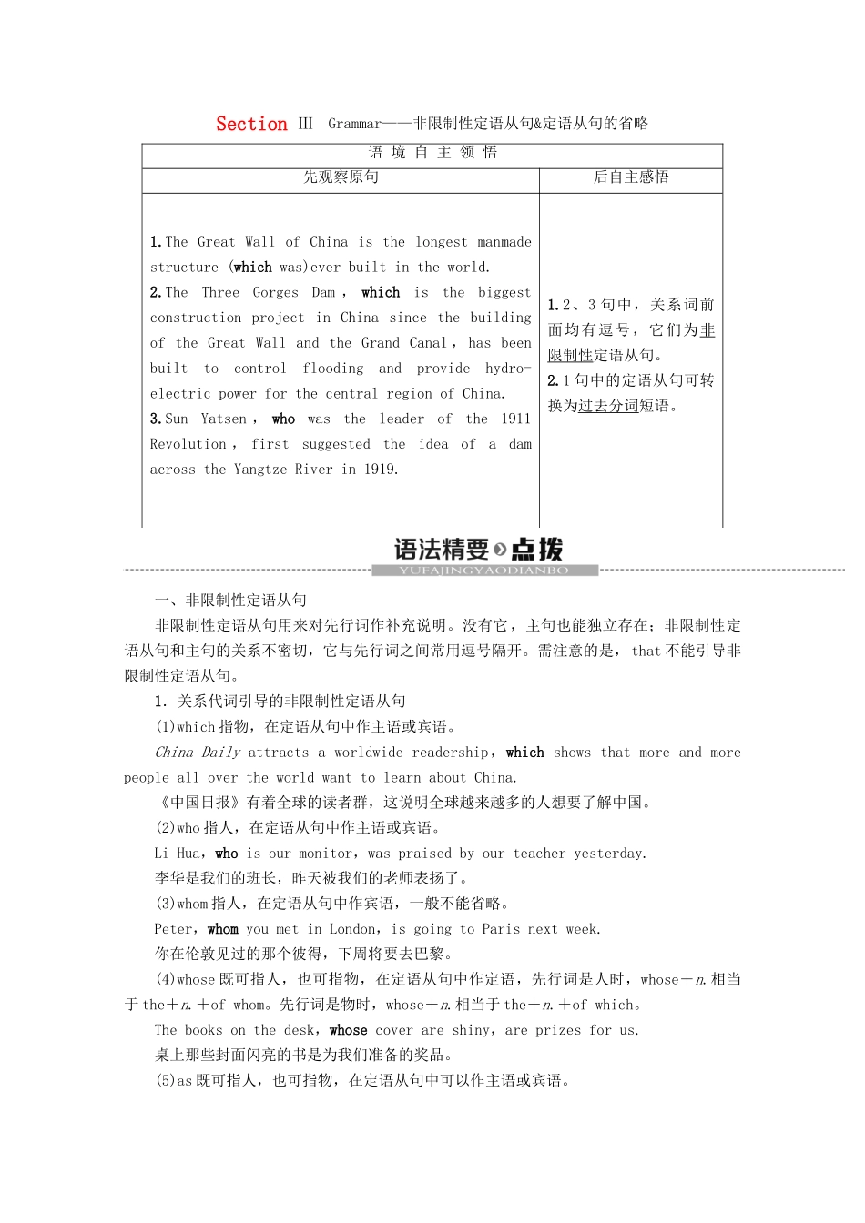 高中英语 Module 6 Old and New Section Ⅲ Grammar——非限制性定语从句定语从句的省略教案（含解析）外研版必修3-外研版高一必修3英语教案_第1页