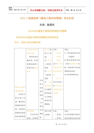 XXXX一级建造师《建设工程项目管理》考点总结(表格版)