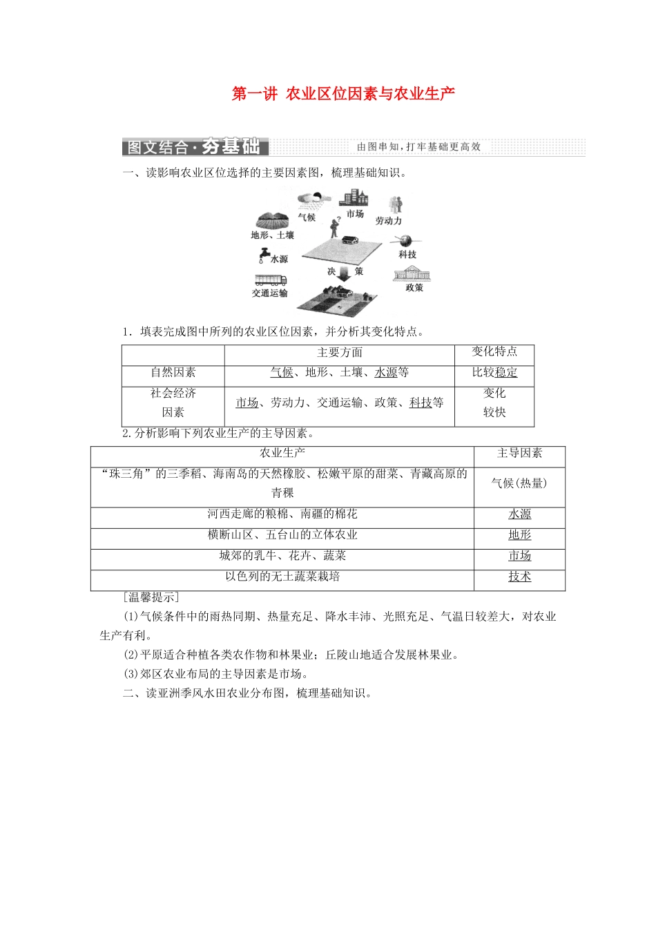 （新高考地区专用）高考地理 第三章 区域产业活动 第一讲 农业区位因素与农业生产讲义 新人教版必修2-新人教版高三必修2地理教案_第1页