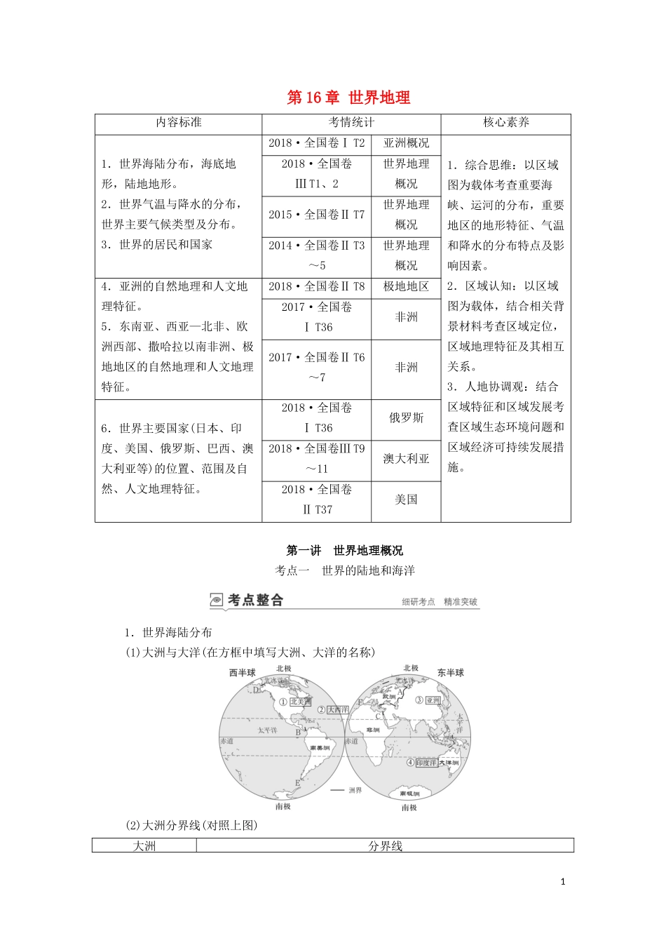 （山东专用）高考地理一轮总复习 第16章 世界地理 第一讲 世界地理概况教案（含解析）鲁教版-鲁教版高三全册地理教案_第1页
