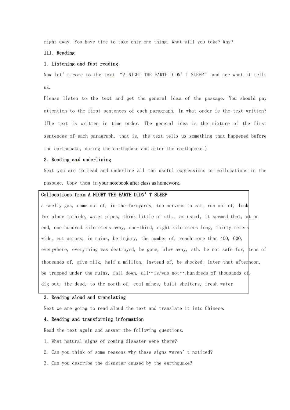 高中英语 Unit4 Earthquakes Period1教案 新人教版必修1-新人教版高一必修1英语教案_第3页