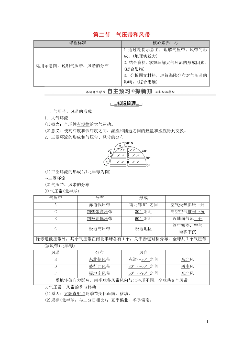 高中地理 第3章 大气的运动 第2节 气压带和风带教案 新人教版选择性必修第一册-新人教版高中选择性必修第一册地理教案_第1页