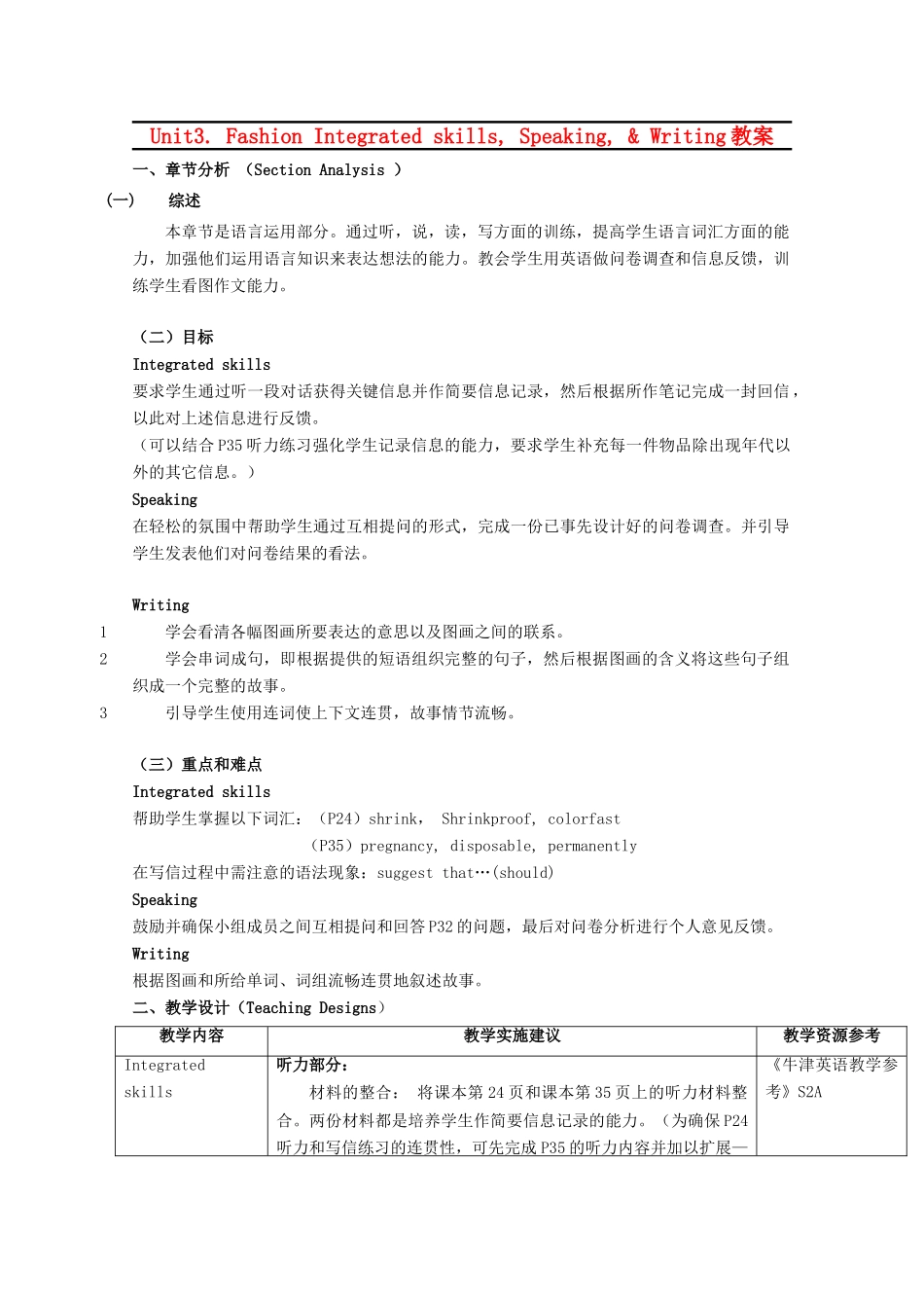 高中英语 unit3 fashion-listening,speaking and writing教案 牛津上海版S2A_第1页