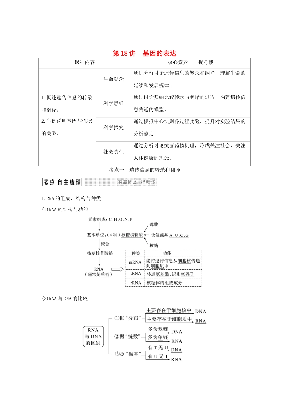 （鲁京津琼）高考生物总复习 第18讲 基因的表达教案-人教版高三全册生物教案_第1页