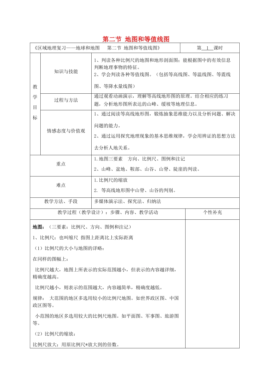 高中地理 区域地理复习 地球和地图 第二节 地图和等值线图教案-人教版高二全册地理教案_第1页