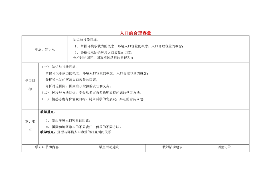 高中地理下学期 1.3 人口的合理容量教学设计-人教版高中全册地理教案_第1页