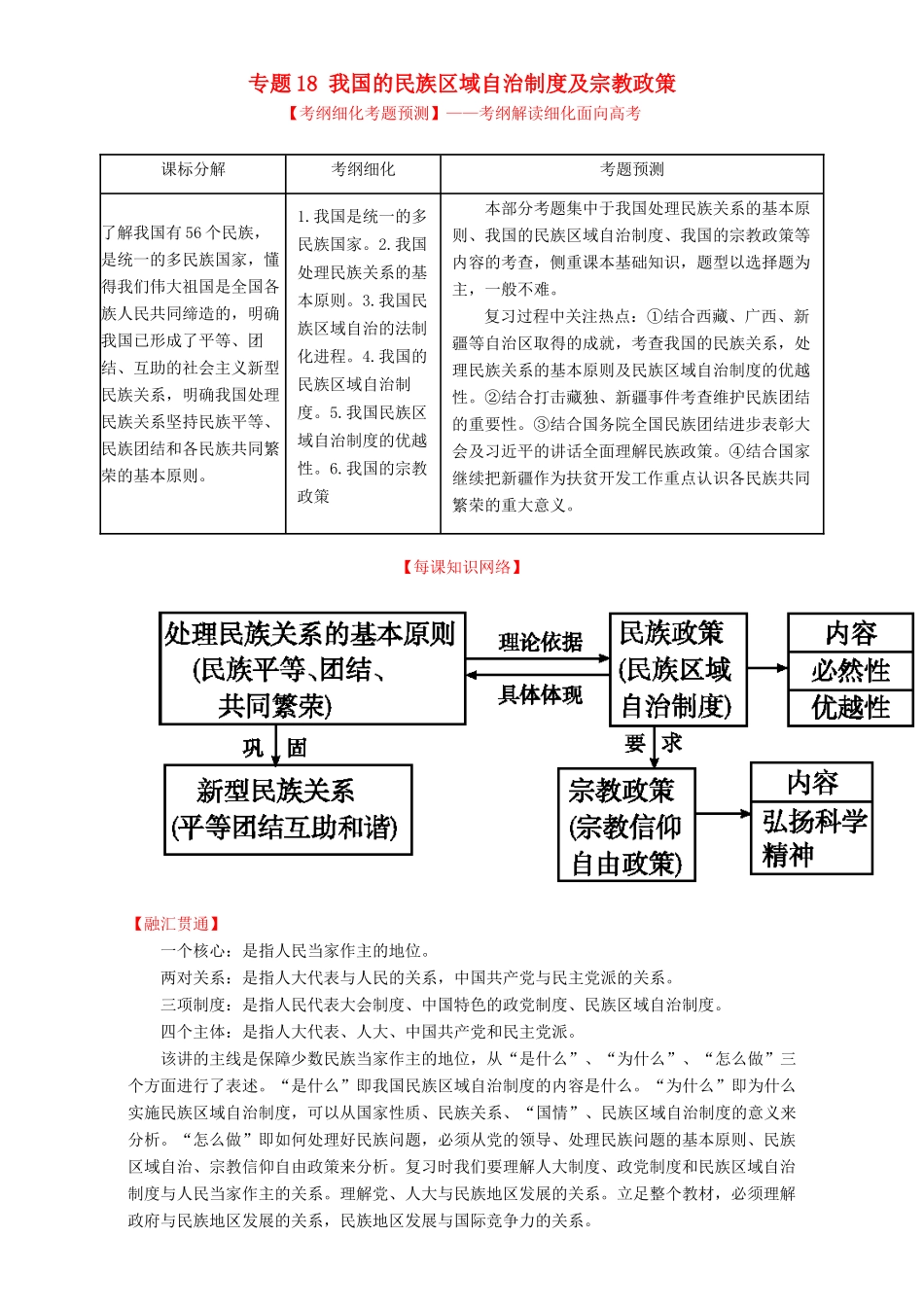 （讲练测）高考政治一轮复习 专题18 我国的民族区域自治制度及宗教政策（讲）（含解析）新人教版必修2-新人教版高三必修2政治教案_第1页