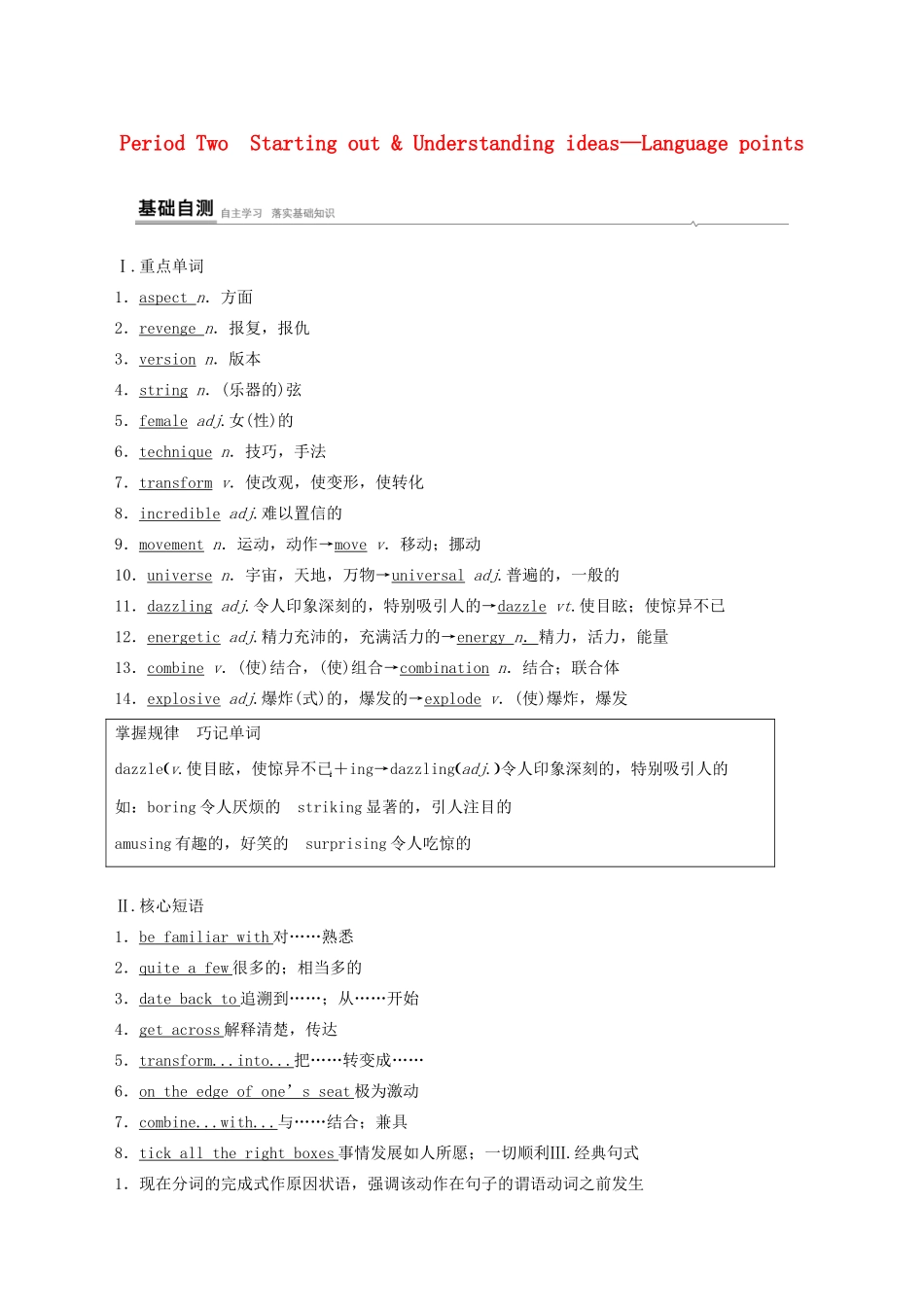 高中英语 Unit 4 Stage and screen Period Two Starting out  Understanding ideas —Language points教案 外研版必修第二册-外研版高一第二册英语教案_第1页