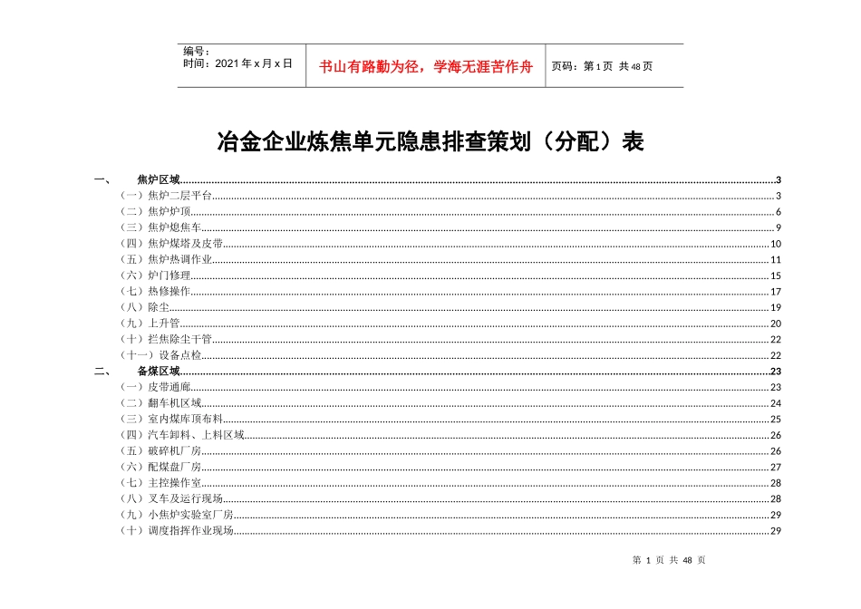 冶金企业炼焦单元隐患排查策划分配表_第1页
