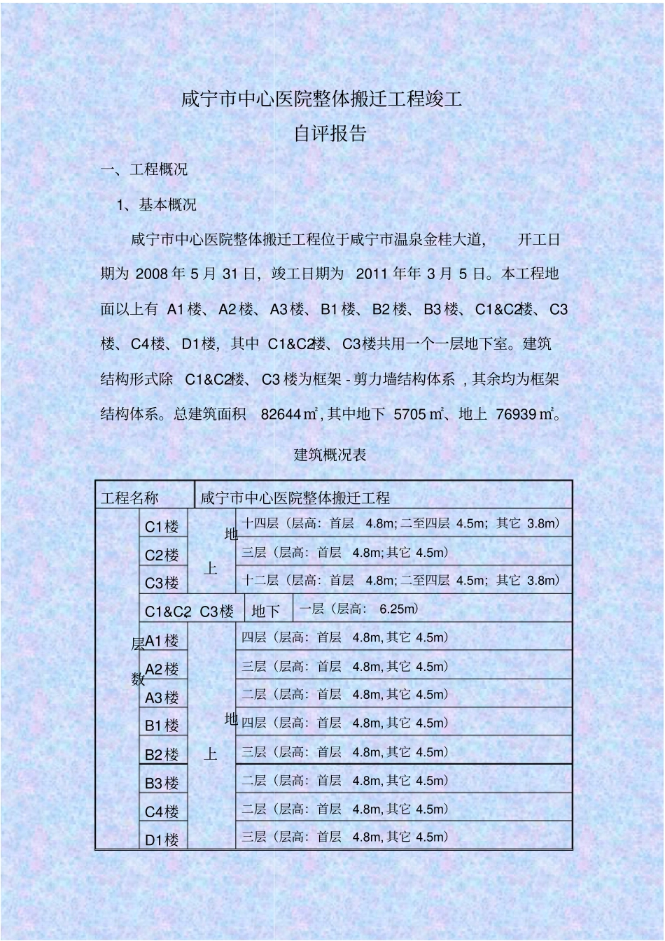 咸宁市中心医院整体搬迁工程竣工自评报告_第1页