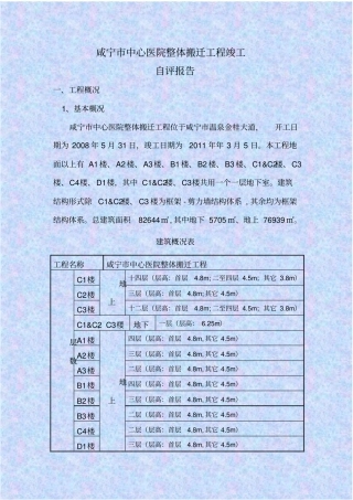 咸宁市中心医院整体搬迁工程竣工自评报告