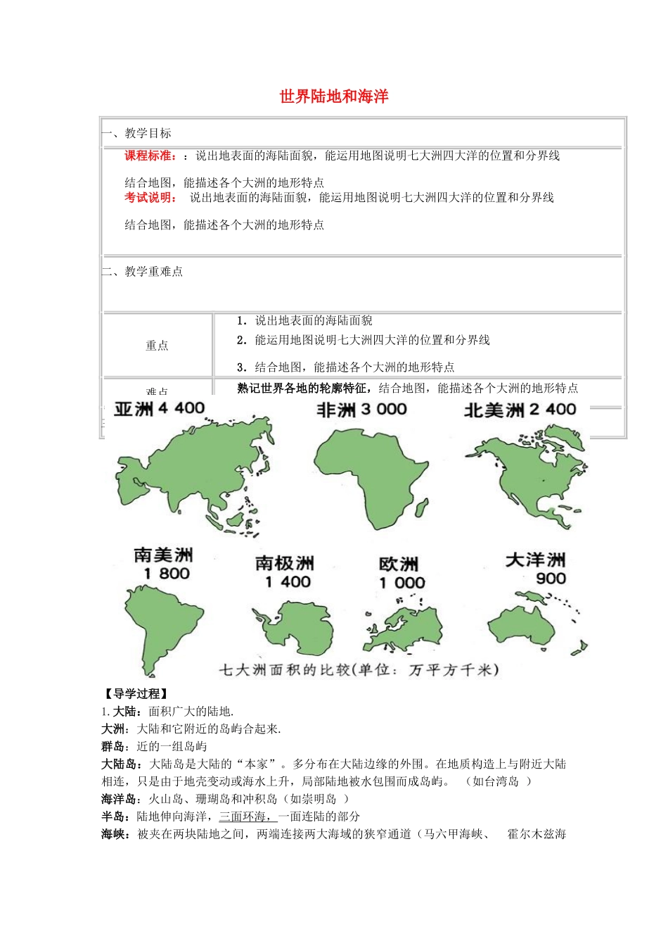 高中地理下学期第1周教学设计（世界陆地和海洋）-人教版高中全册地理教案_第1页
