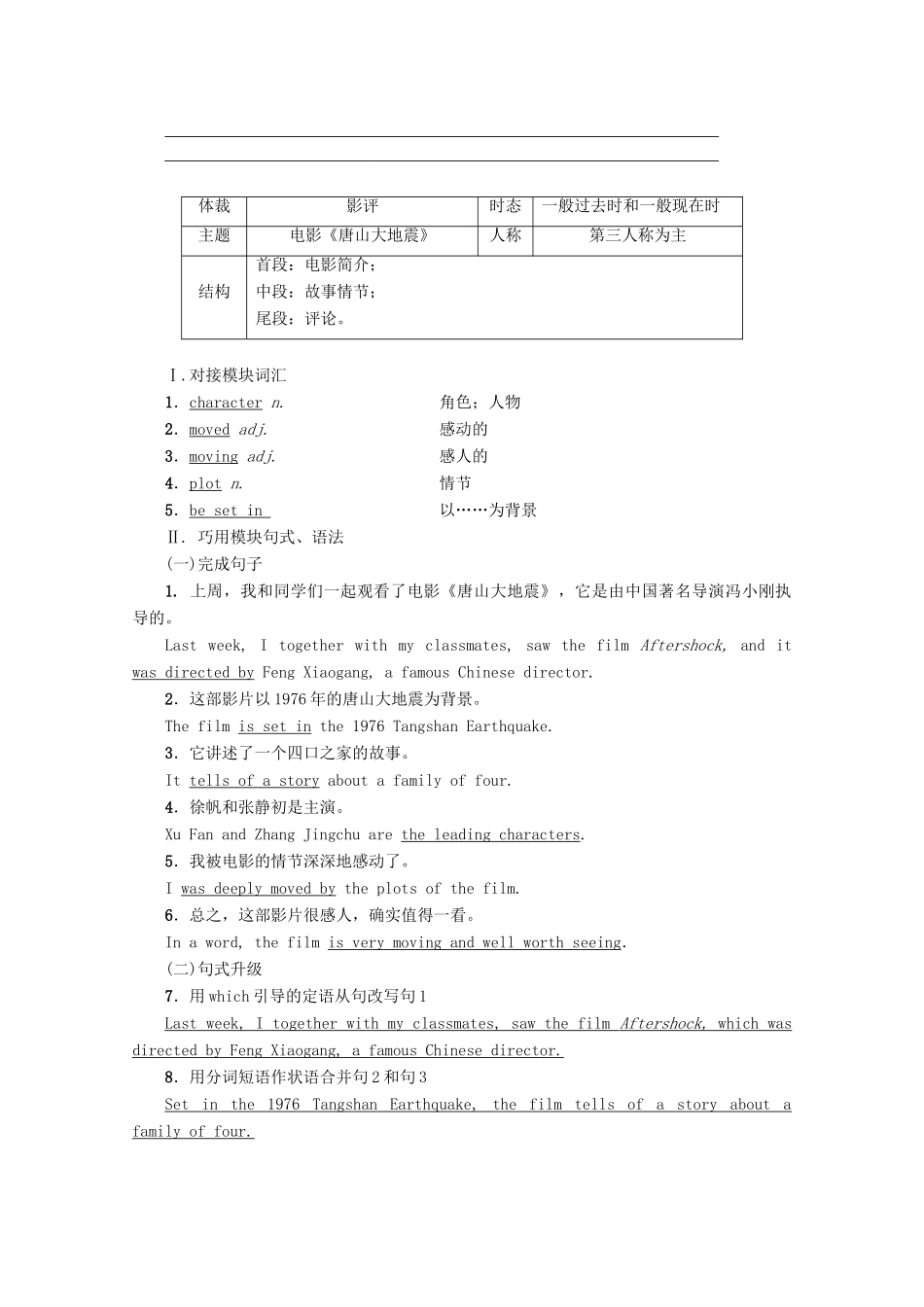 高中英语 Module 6 Films and TV Programmes Section Ⅴ Writing——影评教案（含解析）外研版必修2-外研版高一必修2英语教案_第2页