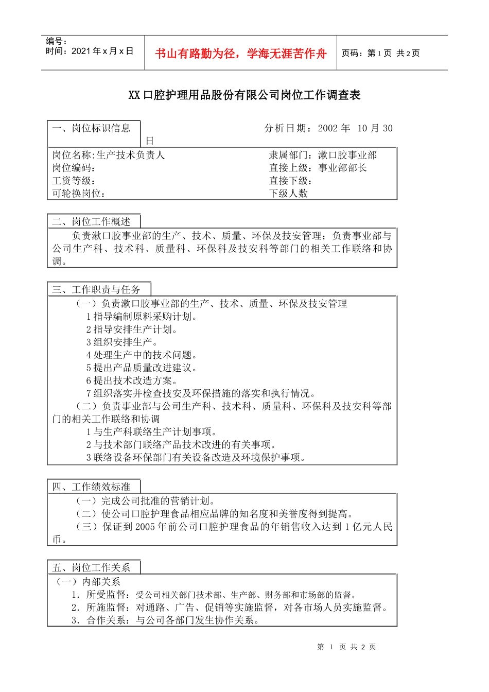 医药行业-漱口胶事业部-生产技术负责人岗位说明书_第1页