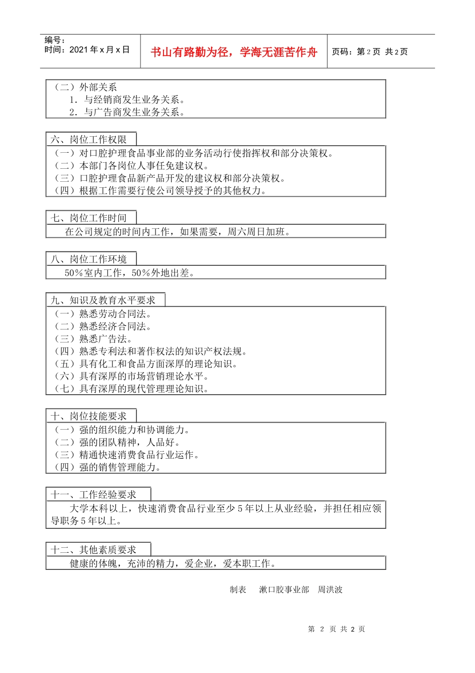 医药行业-漱口胶事业部-生产技术负责人岗位说明书_第2页