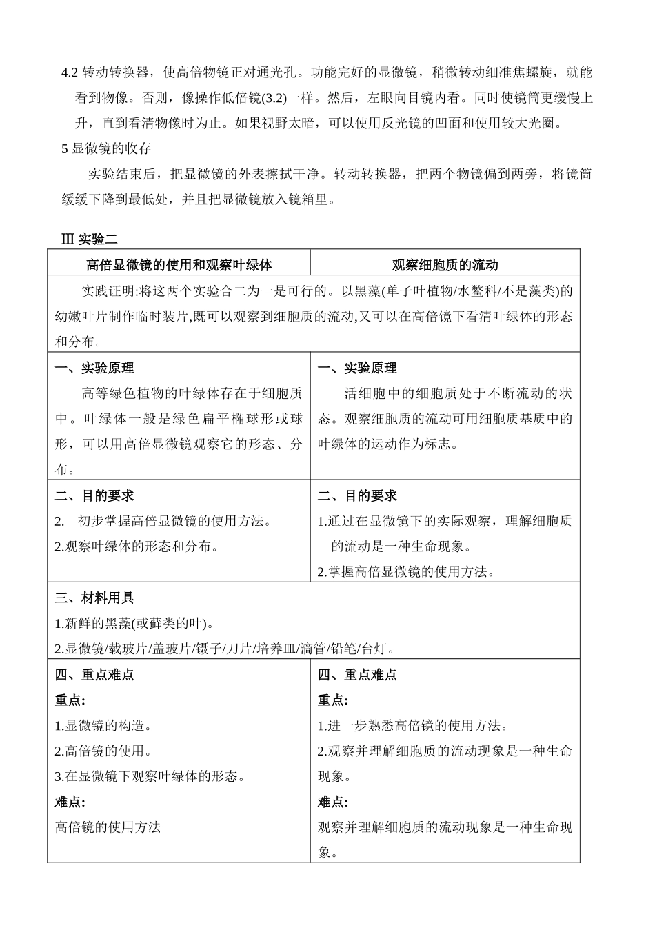 高二生物实验二 用高倍显微镜观察叶绿体和细胞质流动教案 人教版_第2页