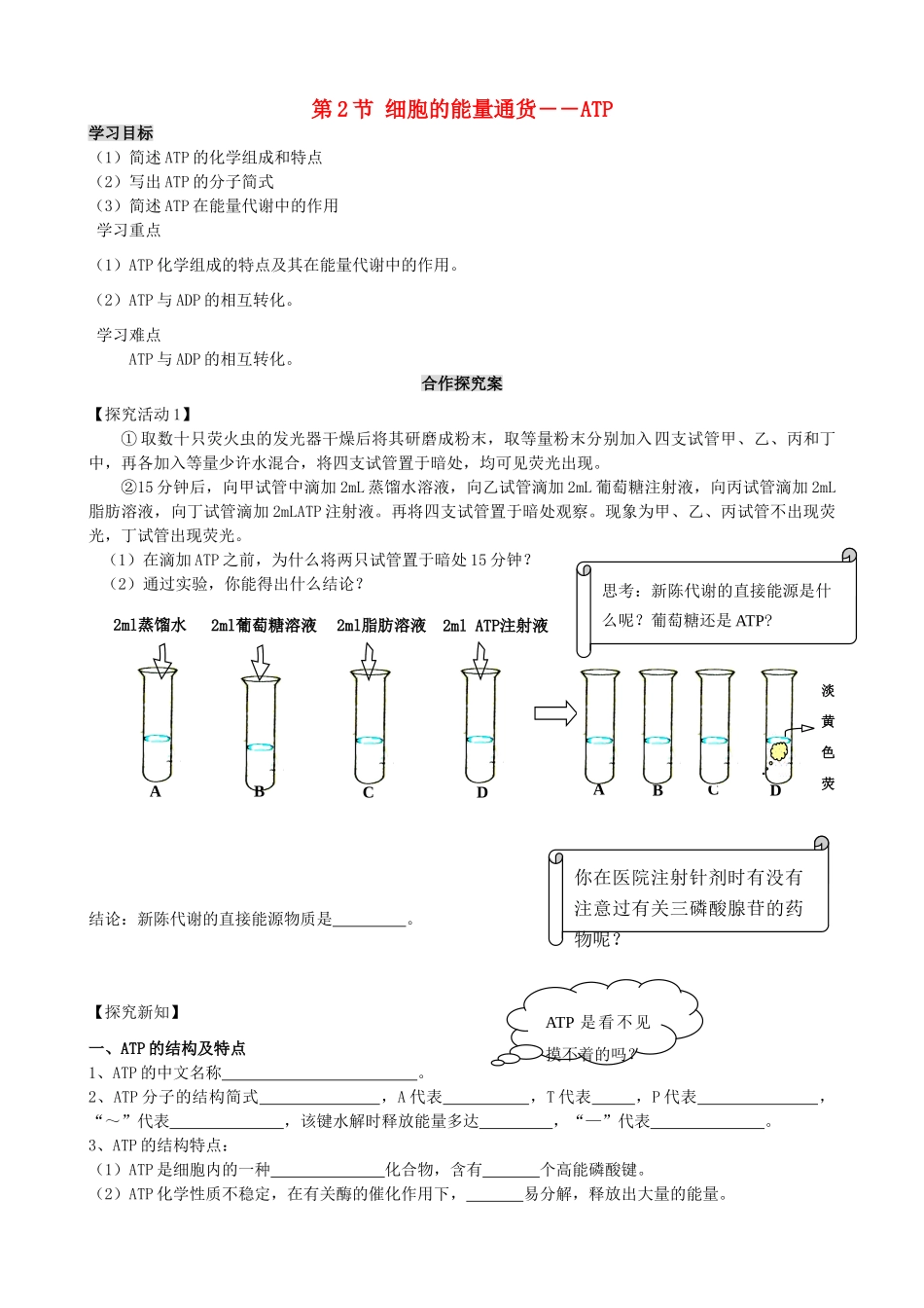 高中生物 细胞的能量“通货” 教案 新人教版必修1_第1页