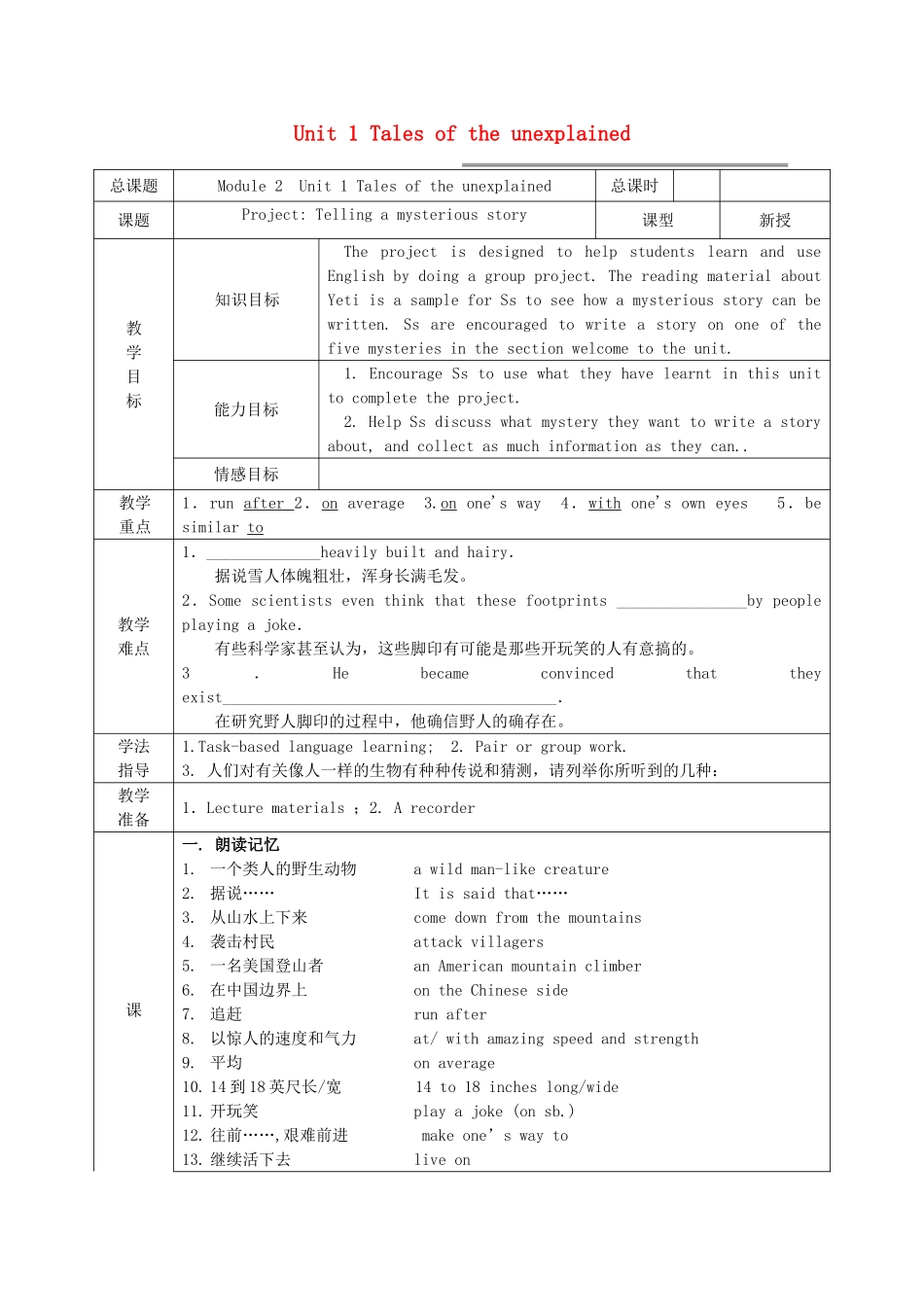 高中英语 Unit 1 Tales of the unexplained-Project教学设计 牛津译林版必修2-牛津版高一必修2英语教案_第1页