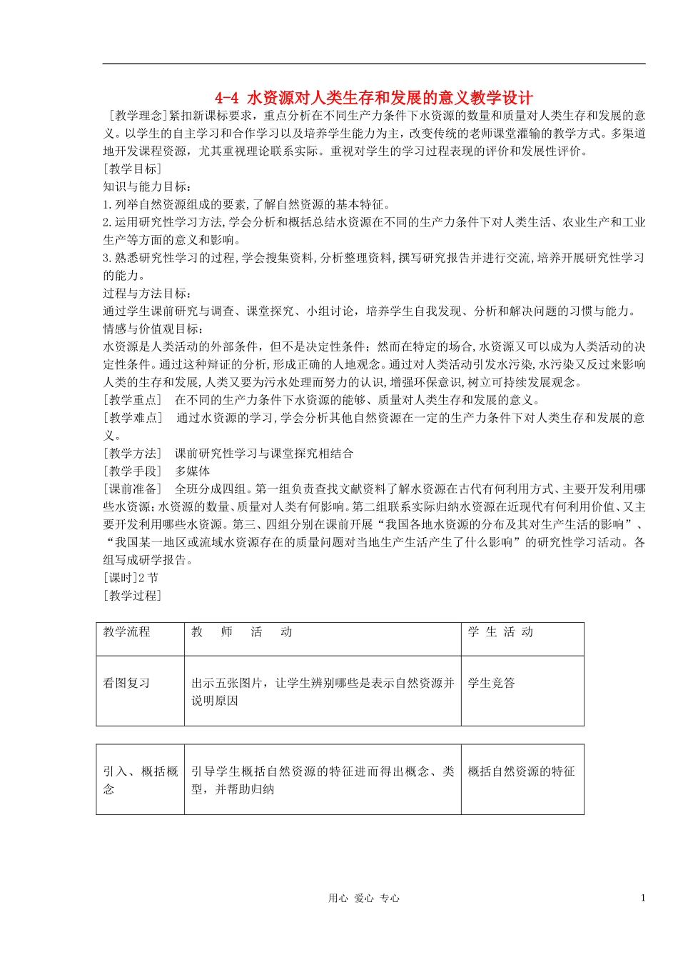 高中地理 《水资源对人类生存和发展的意义》教案（4） 中图版必修2_第1页