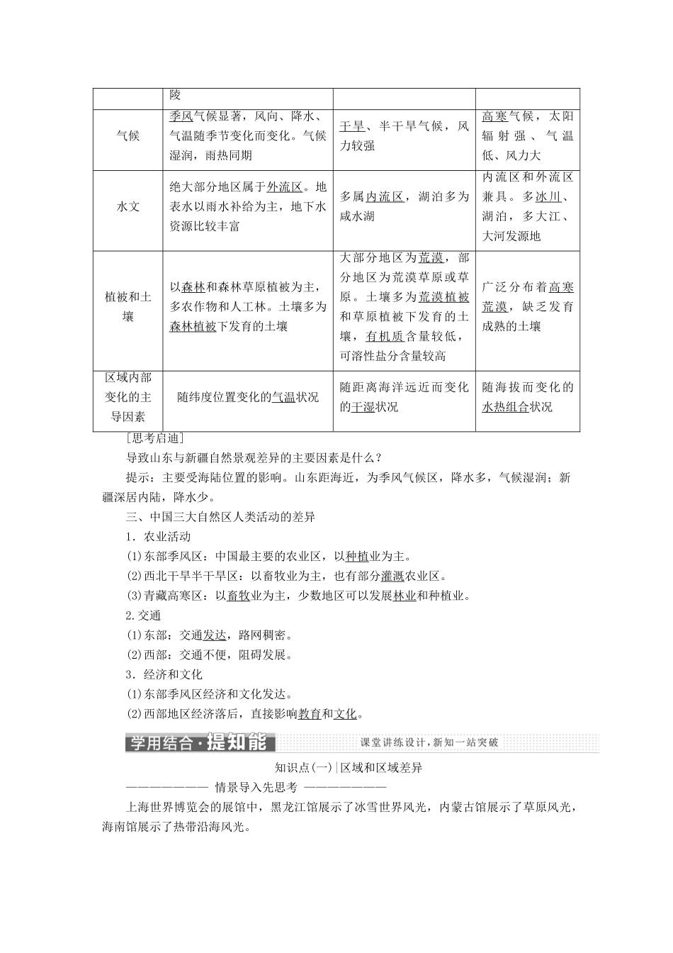 高中地理 第一章 区域地理环境和人类活动 第一节 区域和区域差异（第1课时）中国三大自然区自然环境的差异讲义（含解析）中图版必修3-中图版高二必修3地理教案_第2页