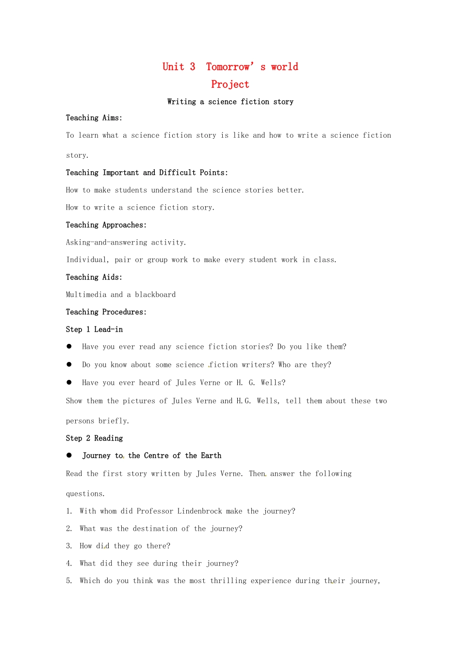 高中英语 Unit 3 Tomorrow’s World Project教案 牛津译林版必修4-牛津版高一必修4英语教案_第1页