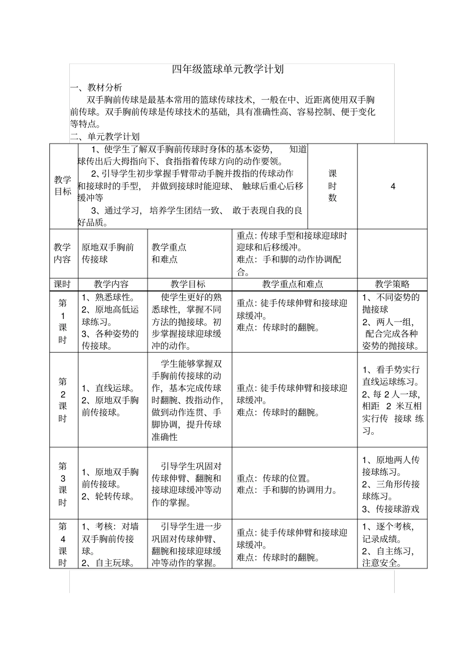 四年级篮球单元教学计划_第1页