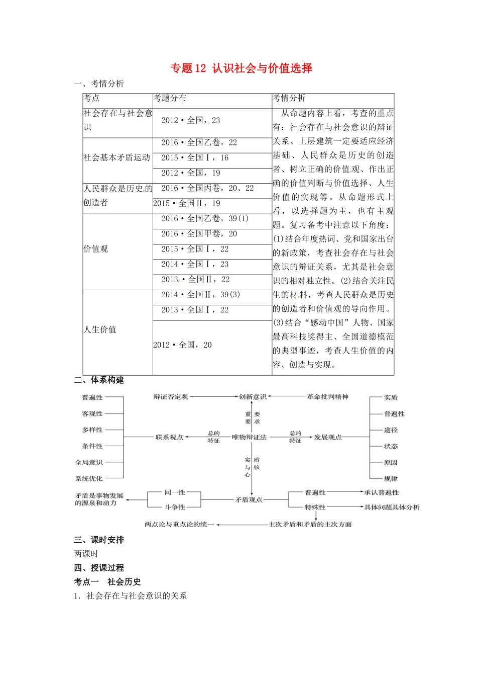 高考政治二轮专题突破 专题12 认识社会与价值选择教案-人教版高三全册政治教案_第1页