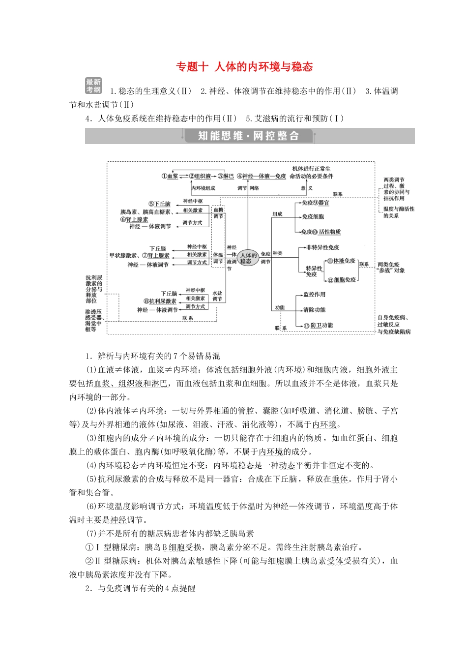 高考生物考前冲刺复习 第1部分 专题突破方略 专题十 人体的内环境与稳态讲义-人教版高三全册生物教案_第1页