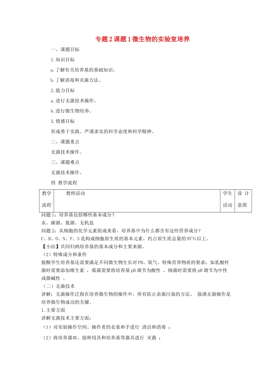 高中生物 专题2 微生物的培养与应用 课题1 微生物的实验室培养教案1 新人教版选修1-新人教版高二选修1生物教案_第1页