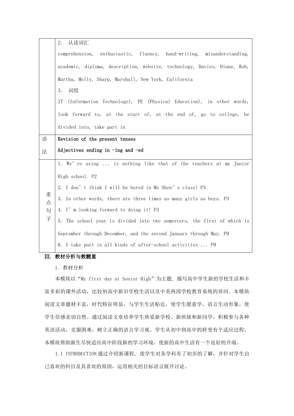 高中英语 Module 1 My First Day at Senior High教案1 外研版必修1-外研版高一必修1英语教案_第3页