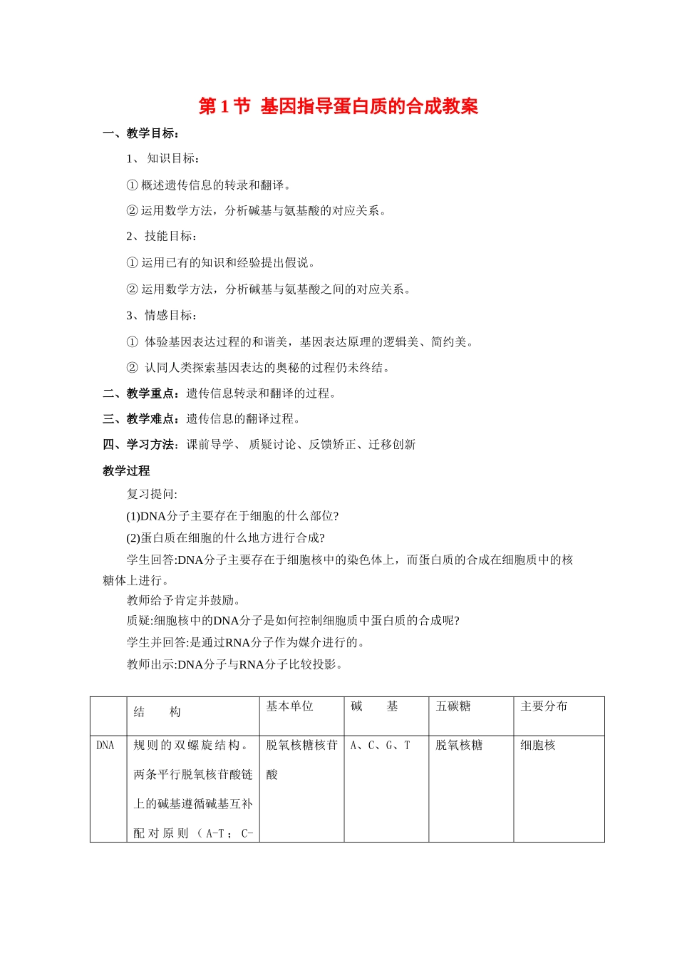 高中生物 4.1基因指导蛋白质的合成示范教案 新人教版必修2_第1页