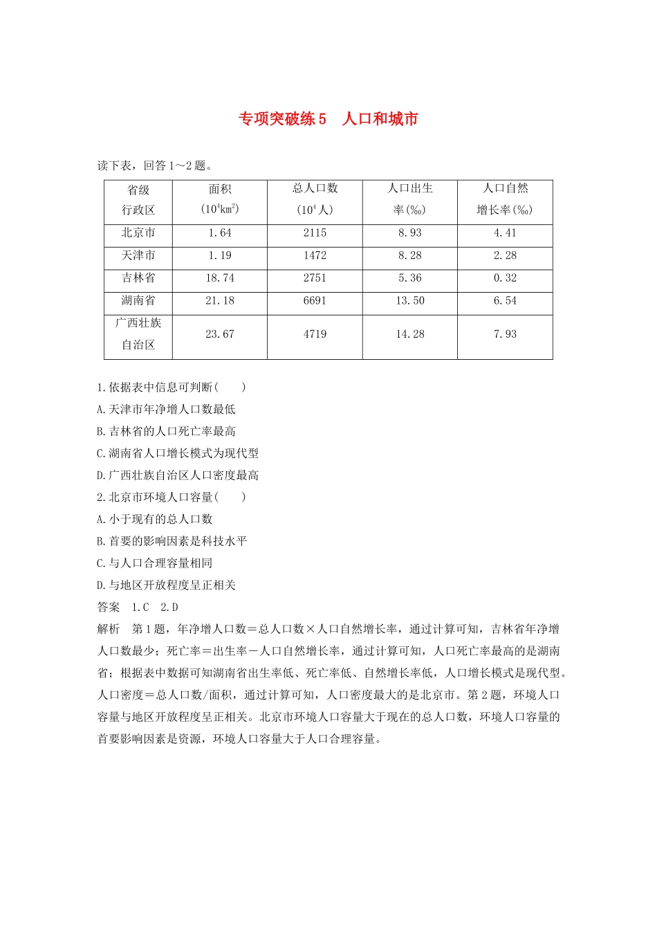 版高考地理新导学大一轮复习 第二册 第二单元 城市与地理环境 专项突破练5 人口和城市讲义（含解析）鲁教版-鲁教版高三第二册地理教案_第1页