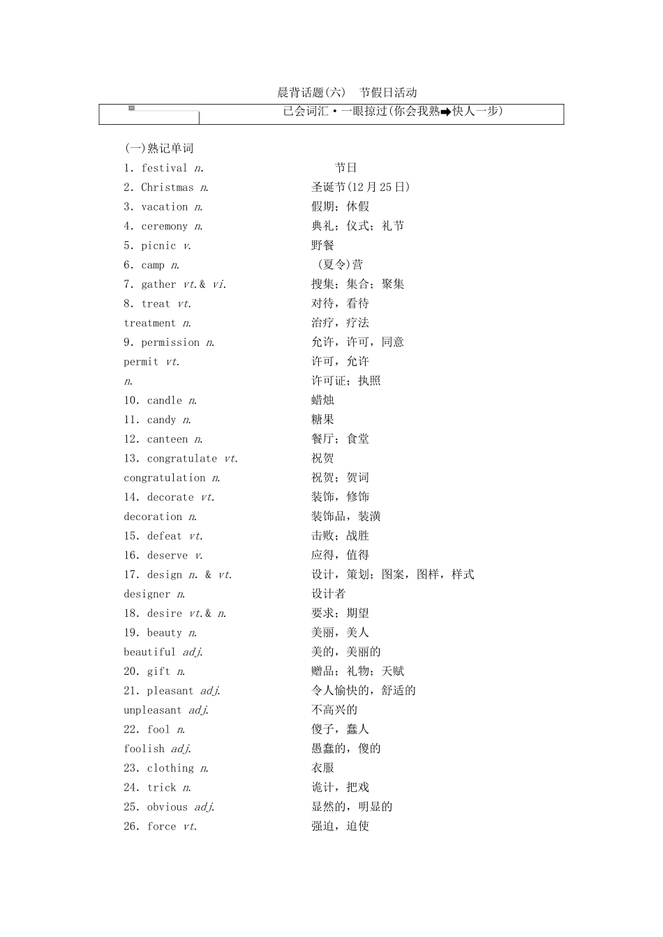 高考英语一轮复习 精选晨背热点话题（六）节假日活动讲义-人教版高三全册英语教案_第1页