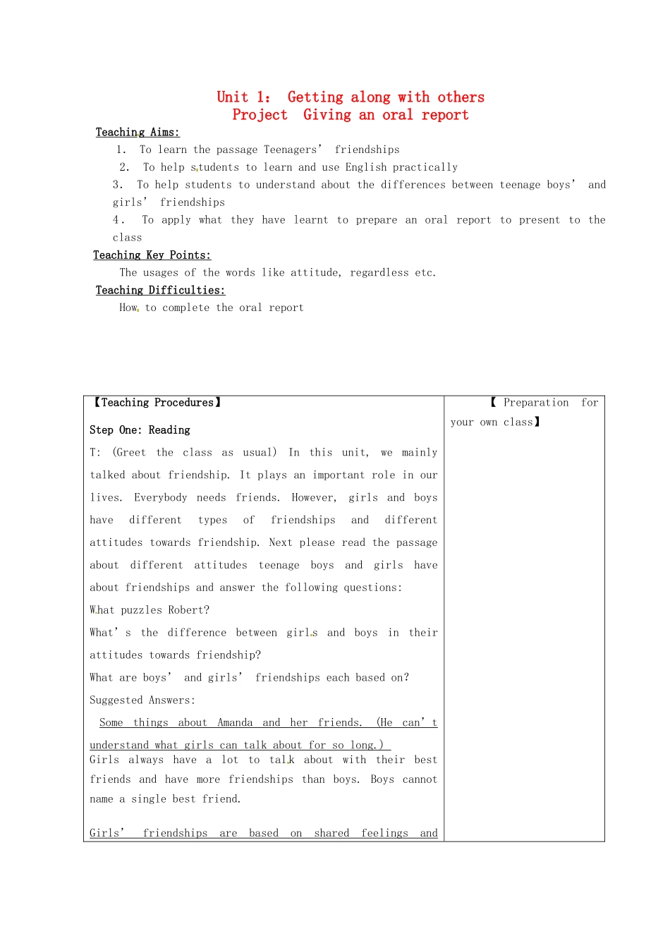 高中英语 Unit1 Getting along with others Project Giving an oral report教案 牛津译林版必修5-牛津版高一必修5英语教案_第1页