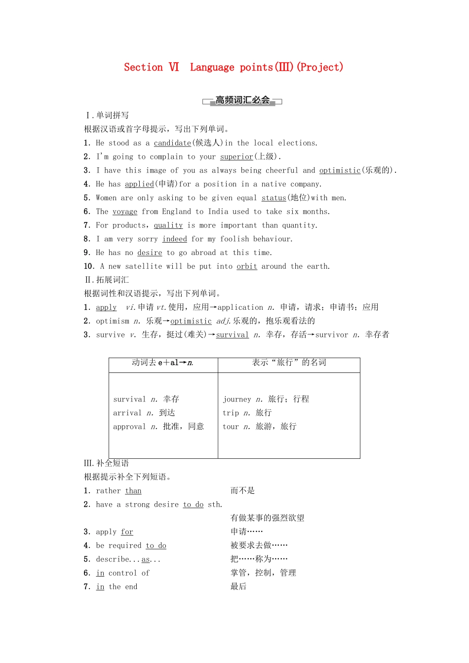 高中英语 Unit 3 Amazing people Section Ⅵ Language points（Ⅲ）（Project）讲义 牛津译林版必修2-牛津版高一必修2英语教案_第1页