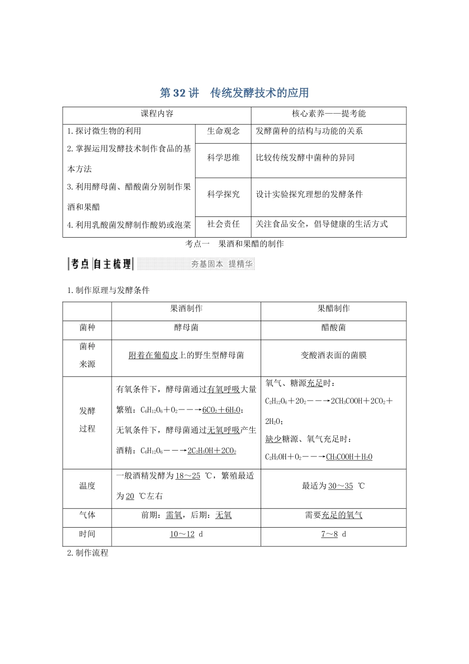 （鲁京津琼）高考生物总复习 第32讲 传统发酵技术的应用教案-人教版高三全册生物教案_第1页