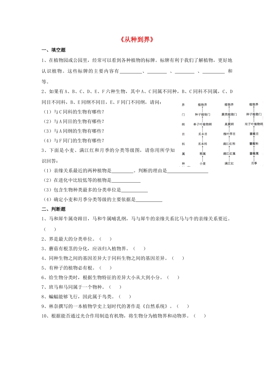 八年级生物上册 6.1.2 从种到界练习题4（无答案）（新版）新人教版_第1页