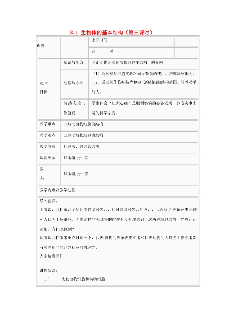 江苏省太仓市第二中学七年级生物下册 8.1 生物体的基本结构（第三课时）教案 苏科版_第1页