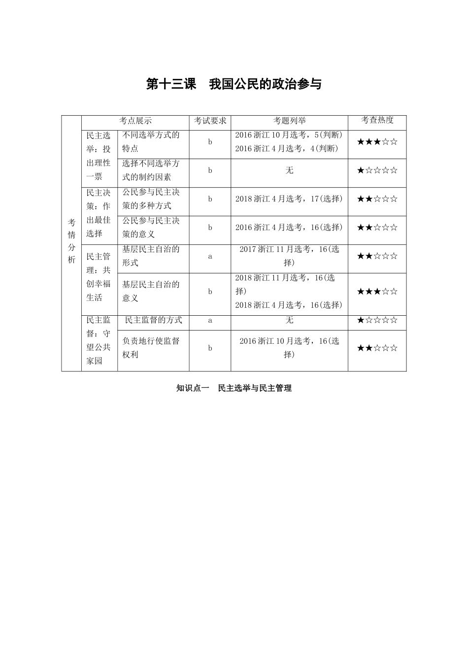 （浙江专用版）高考政治大一轮复习 第五单元 公民的政治生活 第十三课 我国公民的政治参与讲义-人教版高三全册政治教案_第1页
