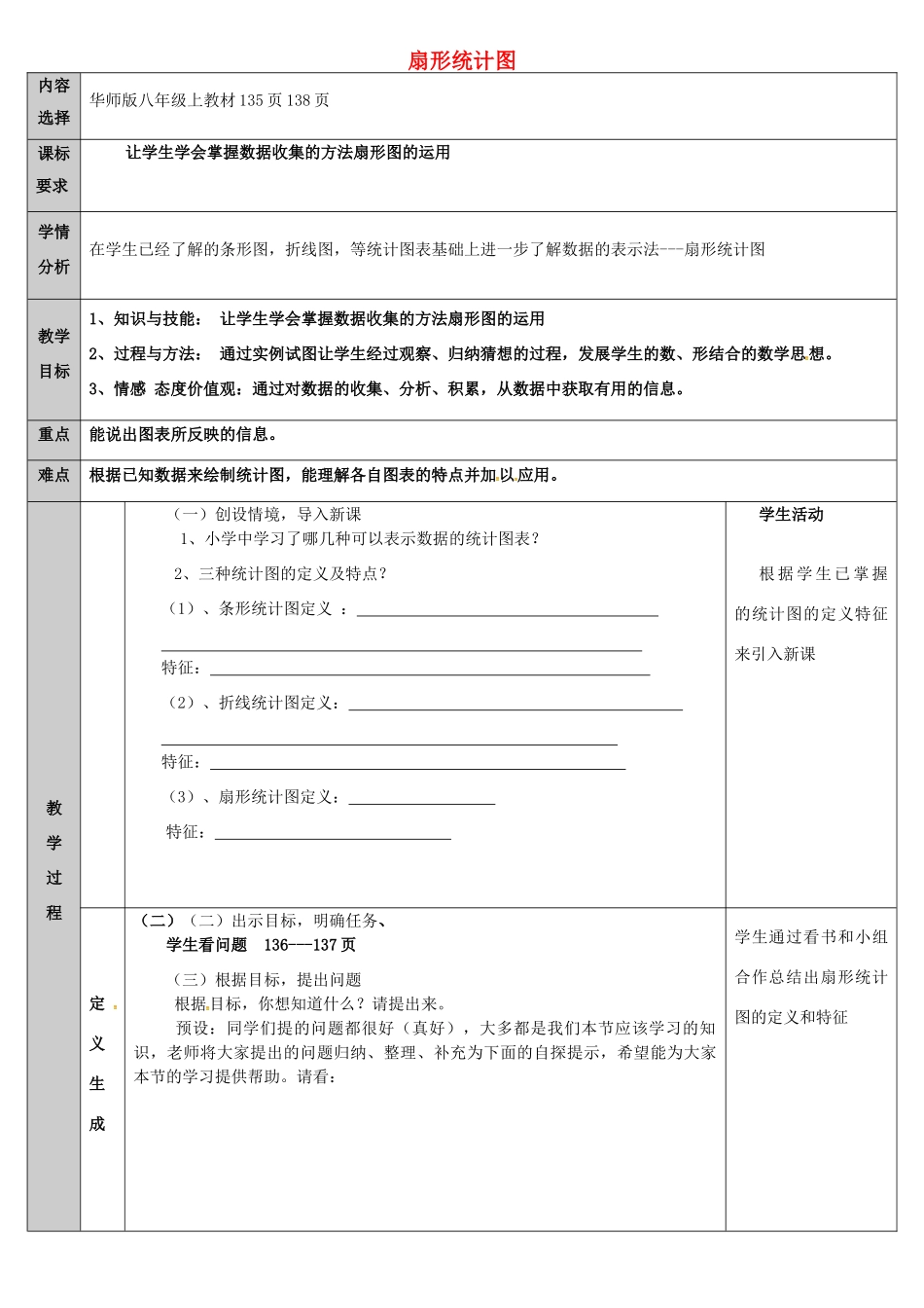 吉林省长春净月高新技术产业开发区八年级数学上册 15.2 数据的表示 1 扇形统计图教案 （新版）华东师大版-（新版）华东师大版初中八年级上册数学教案_第1页