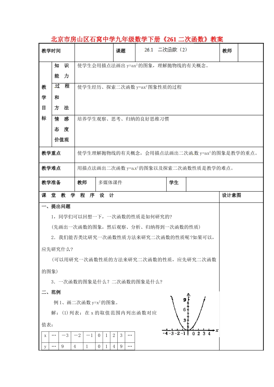 北京市房山区石窝中学九年级数学下册《26.1二次函数》教案_第1页