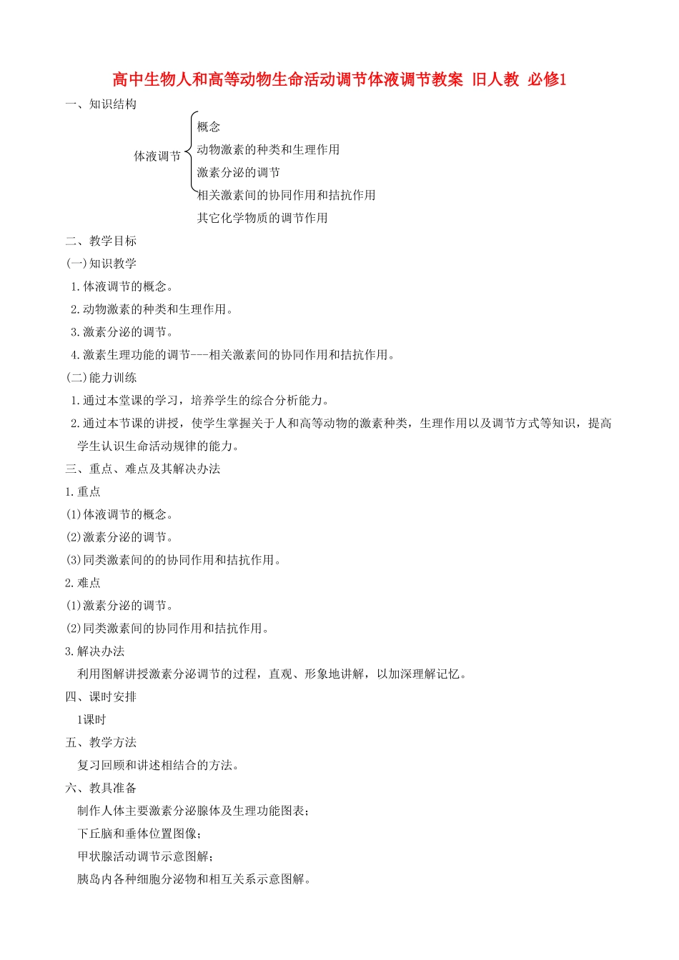 高中生物人和高等动物生命活动调节体液调节教案 旧人教 必修1_第1页