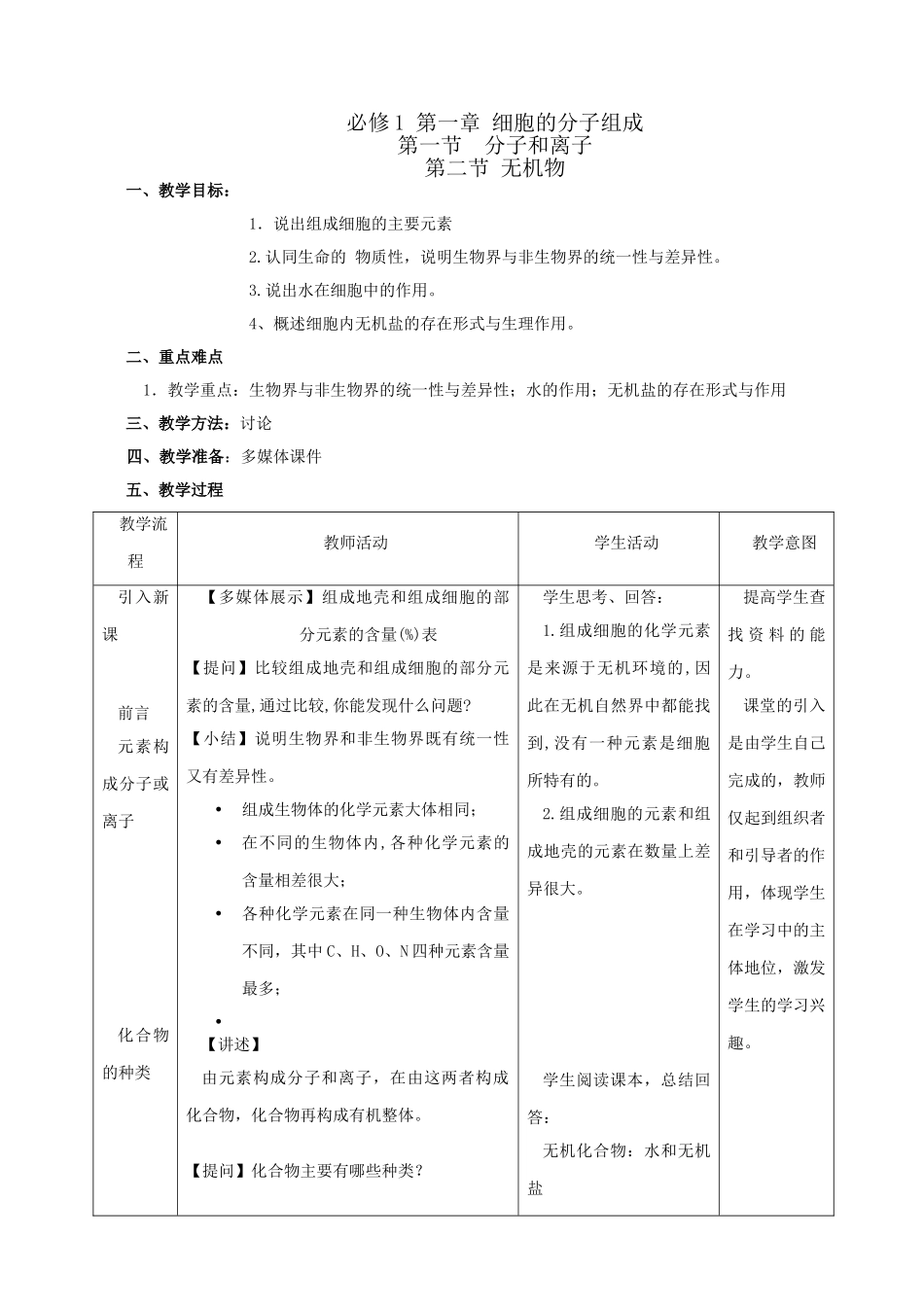 高中生物 第一章 细胞的分子组成人教版必修一_第1页
